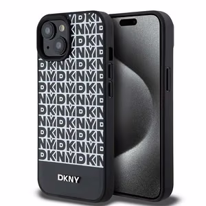 DKNY Ādas drukāts raksts metāla logotips Magnētiskais viedtālruņa apvalks iPhone 15 / 14 / 13 - melna