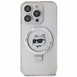 Karl Lagerfeld KLHMP15LHMRSCHH iPhone 15 Pro 6.1" balts/balts cietais apvalks ar gredzena statīvu Choupette Galva Magnētiskais