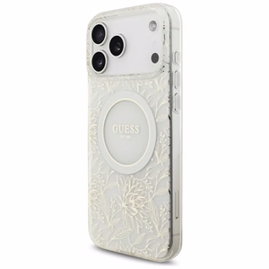 Guess IML MagSafe maciņš ar ziedu rakstu, metalizētu apdari un pērļu siksniņu iPhone 18 Pro Max / 17 Pro Max, balts