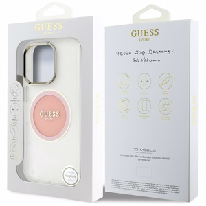 Guess IML Metal Colored Circle Classic Logo Magnētiskais viedtālruņa apvalks iPhone 16 Pro - rozā