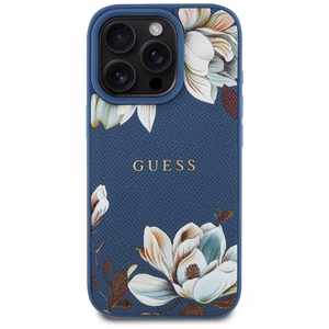 Guess Grained Printed Flower Pattern MagSafe viedtālruņa apvalks iPhone 16 Pro zils