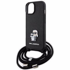 Karl Lagerfeld krustveida Saffiano metāla piespraude Karl & Choupette viedtālruņa apvalks iPhone 15 Plus - melns