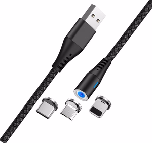 Maxlife MXUC-02 magnētiskais kabelis USB - Lightning + USB-C + microUSB 1,0 m 2A melns neilons