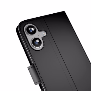 Puro Wallet Stand case for iPhone 17 made of eco-leather, with a flap, wallet and stand function - black