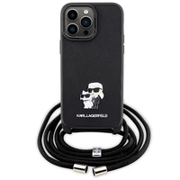 Karl Lagerfeld KLHCP14XSAKCPSK apvalks iPhone 14 Pro Max 6.7" cietais apvalks - melns krustenisks Saffiano metāla piespraude Karl&Choupette
