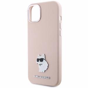 Karl Lagerfeld silikona Choupette Metal Pin viedtālruņa apvalks iPhone 15 Plus / 14 Plus - rozā