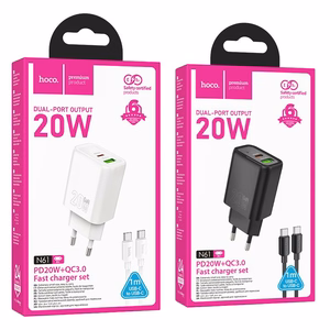 Viedtālruņa lādētājs Hoco USB A + USB C QC3.0 PD 3A 20W + kabelis USB C uz USB C N61 melns