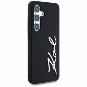 Karl Lagerfeld silikona metāla paraksta logotips Samsung Galaxy S25 viedtālruņa apvalks melns