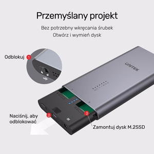 UNITEK S1206A SolidForce USB-C – PCIe/NVMe M.2 SSD, 10 Gbps, dubults ielādes nodalījums ar klonēšanas funkciju