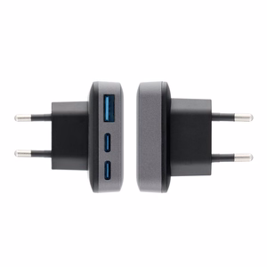 FORCELL F-ENERGY GaN III VT-47 īpaši plāns ceļojumu lādētājs 2 x Type C + USB A PD QC4.0 4A 65W pelēks