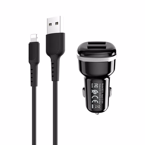 Borofone BZ13 Extreme automašīnas lādētājs ar 2 USB-A pieslēgvietām, 12 W, ar Lightning kabeli, melns