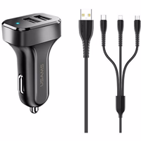 USAMS Auto lādētājs 2xUSB C13 2,1A 3w1 (microUSB/USB-C/lightning) melns NTU35YTSC13TZ