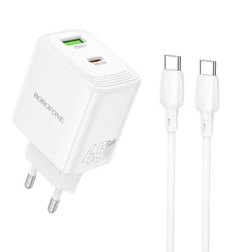 Borofone sienas lādētājs BN30 Cargador GaN - USB + Type C - QC 3.0 PD 45W ar Type C uz Type C kabeli balts