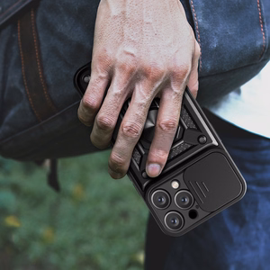 Hybrid Armor Camshield viedtālruņa apvalks iPhone 16 Pro ar kameras vāciņu un statīvu - melns