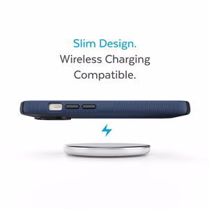 Speck Presidio2 Grip vāciņš ierīcei iPhone 15 Plus / 14 Plus, ar neslīdošu satvērienu, “Coastal Blue / Black / White” krāsu kombinācija
