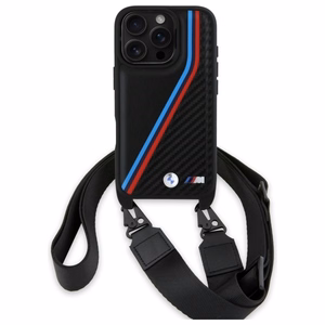 BMW M Edition Carbon Tricolor Lines & Strap Case for iPhone 16 Pro - Black