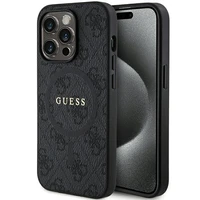 Guess 4G kolekcija ādas metāla logotips Magnētiskais apvalks iPhone 14 Pro Max - melns