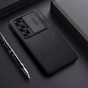 Nillkin Qin Pro viedtālruņa apvalks Samsung Galaxy S25 Ultra ar vāciņu un kameras pārsegu - Melns