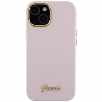 Guess Silikona Script Metal Logo & Frame Viedtālruņa apvalks iPhone 15 - rozā
