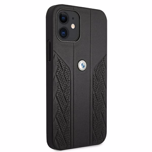 BMW Ādas izliekts perforēts viedtālruņa apvalks iPhone 12 mini - melns
