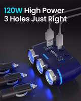 Auto cigarešu aizdedzinātāja ligzdas sadalītājs B39-C - 3 ligzdas + USB + Type C - QC 3.0 PD 3A 120W ar displeju un kabeli