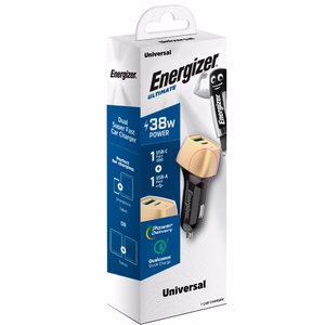 Energizer Ultimate D38BG auto lādētājs, USB-C + USB-A, 38 W PD + QC 3,0, zelta un melnā krāsā
