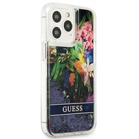 Guess GUHCP13LLFLSB iPhone 13 Pro / 13 6.1" zils cietais apvalks ziedu šķidrs spīdums