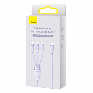 Кабель USB 3 в 1 Baseus Flash Series 2, USB-C + Micro USB + Lightning, 100W, 1.5m, фиолетовый