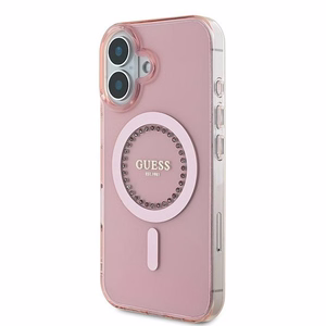 Guess IML Rhinestones Magnētiskais viedtālruņa apvalks iPhone 16 - rozā