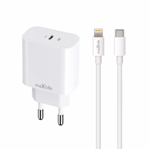 Maxlife MXTC-06-20C PD QC lādētājs 1x USB-C 20W balts + USB-C - Lightning kabelis 20W