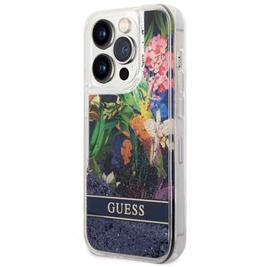 Guess GUHCP14LLFLSB iPhone 14 Pro 6.1 zils / zils kietais viedtālruņa apvalks Flower Liquid Glitter