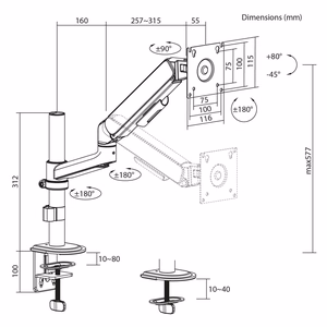 Ergo Office ER-691 W – monitora turētājs ar gāzes atsperi 17–32 collu ekrāniem, 1–10 kg, VESA līdz 100×100, matēti balts