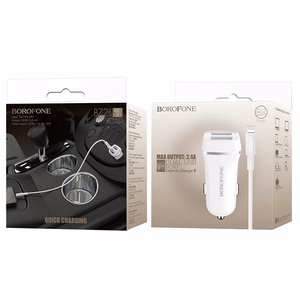 Borofone BZ2 Joyroad automašīnas lādētājs ar 2 USB-A pieslēgvietām, 12 W, ar Lightning kabeli, balts