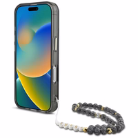 Guess Magnētiskais viedtālruņa apvalks iPhone 16 ar MagSafe – palmu koku motīvs ar trīsstūra formas pērļu siksniņu, melns