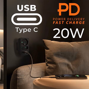 Maclean MCE249 F/B – elektrības kontaktligzdu sadalītājs, 2 kontaktligzdas, 4 USB porti: 2×USB-A un 2×USB-C PD 20 W, 1×16 A + 1×6 A