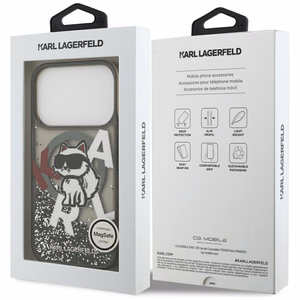 Karl Lagerfeld Šķidrs mirdzošs Choupette logotips Magnētiskais viedtālruņa apvalks iPhone 17 Pro - melns