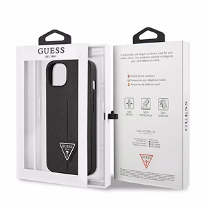 Guess GUHCP13SPSATLK iPhone 13 mini 5.4 viedtālruņa apvalks, melns, ciets, ar Saffiano trīsstūra logotipu