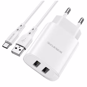 Borofone Sienas lādētājs BN2 Super - 2xUSB - 2,1A ar USB uz Type C balts