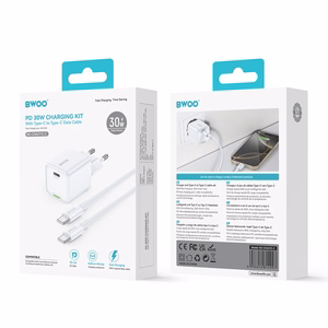 BWOO GaN PD 30W wall lādētājs 1x USB-C port with 60W kabelis USB-C 2A balts