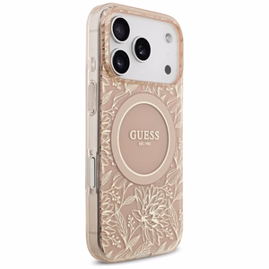 Guess IML Flowers Electro Pearl Strap MagSafe apvalks viedtālrunim iPhone 17 Pro - rozā