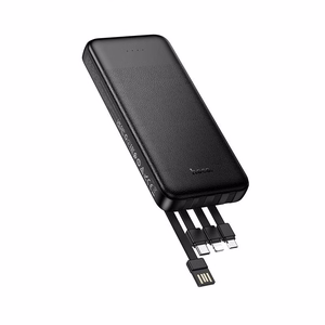 Portatīvais lādētājs Hoco 10000 mAh 2A ar četriem iebūvētiem kabeļiem USB A + USB C + Lightning + Micro USB J163 melns