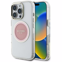 Guess IML Metal Colored Circle Classic Logo Magnētiskais viedtālruņa apvalks iPhone 16 Pro - rozā