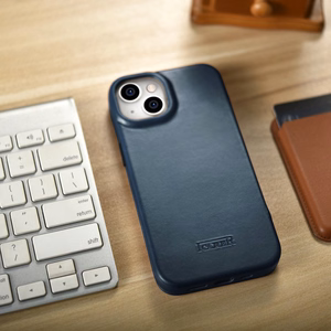 iCarer CE Premium ādas folio vāciņš iPhone 14 Plus ar MagSafe magnētisku flip vāciņu - zilā krāsā