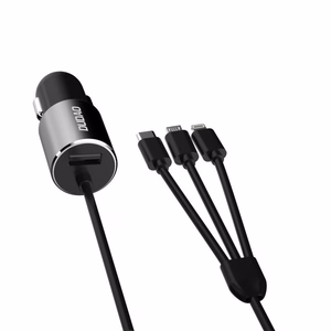 Dudao 3in1 USB automobiļu lādētājs ar iebūvētu kabeli Lightning / USB Type C / micro USB - melns (m)