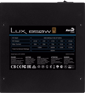 Aerocool LUX850 PC barošanas bloks 850W 80 Plus Bronze 230V 88% efektivitāte melns
