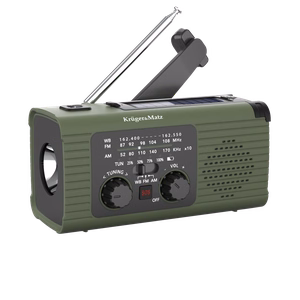 Kruger&Matz pārnēsājamais saules enerģijas avārijas radio ar SOS, 5000 mAh ārējo akumulatoru, lukturīti un dinamo