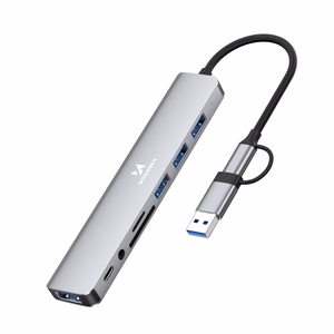 Pelēks 8-in-1 USB centrmezgls Wozinsky WAH-81 ar USB 3.0, SD karšu lasītāju un audio izeju