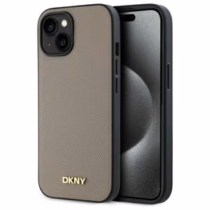 DKNY Grained Metal Logo Magnētiskais iPhone 15 viedtālruņa apvalks - bēšs