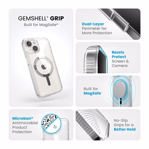 Speck GemShell Grip MagSafe vāciņš ierīcei iPhone 17e / 16e / 15 / 14 / 13, caurspīdīgs, ar hroma apdari