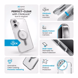 Speck Presidio Perfect-Clear vāciņš ar MagSafe un ClickLock iPhone 16 Plus tālrunim, Clear/Chrome